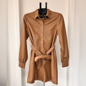 Chic Faux Leather Shirt Dress – Camel Tan . Belted Button Front .